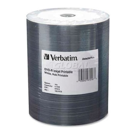 VerbatimÂ DVD-R,, 16X Speed, 4.7GB, Inkjet Printable, Wrapped, 100/Pk, White